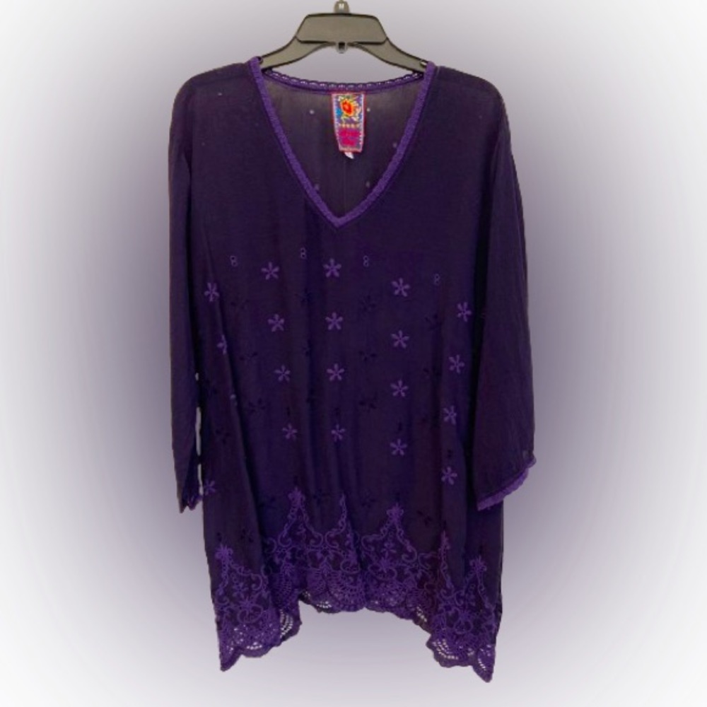 Johnny Was Deep Purple Floral Embroidered V-Neck Tunic